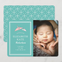 Origami Cranes Photo Teal Birth Announcement Card
