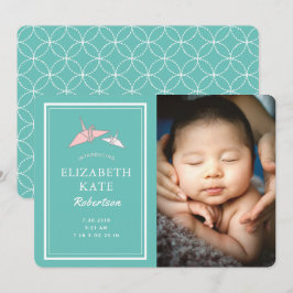 Origami Cranes Photo Teal Birth Announcement Card Inbjudningar