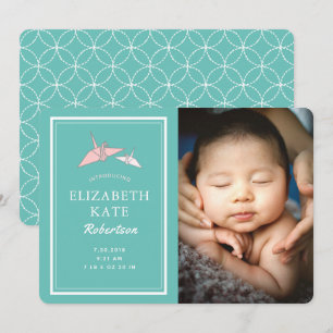 Origami Cranes Photo Teal Birth Announcement Card Inbjudningar