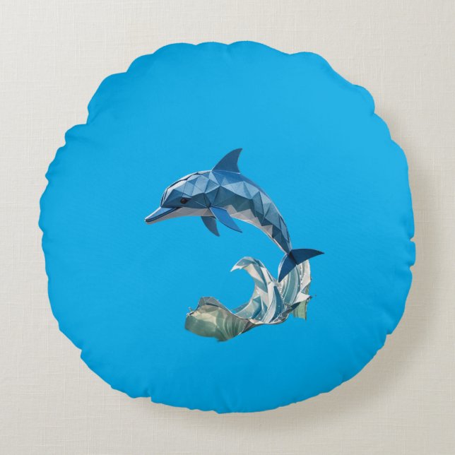 Origami delfin blå  rund kudde (Framsidan)