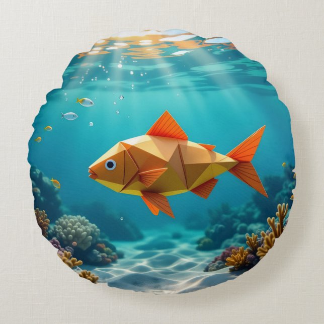 Origami fish and seahorse ocean rund kudde (Framsidan)