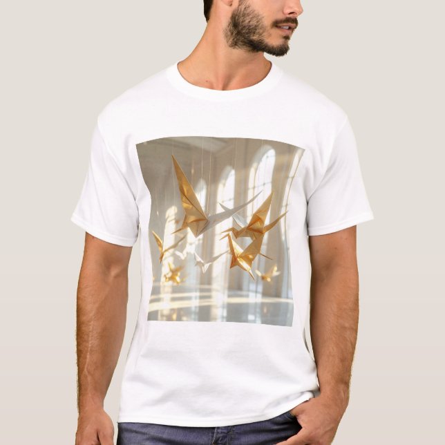 Origami Flight – Suspended Paper Birds in Sunlit  T Shirt (Framsida)