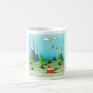 Origami Forest Scene med Fox Mountain och Birds Kaffemugg