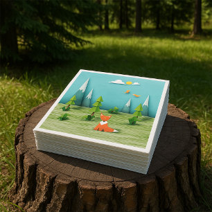 Origami Forest Scene med Fox Mountain och Birds Pappersservett