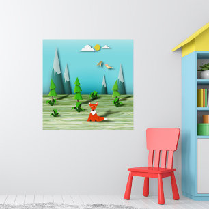 Origami Forest Scene med Fox Mountain och Birds Poster