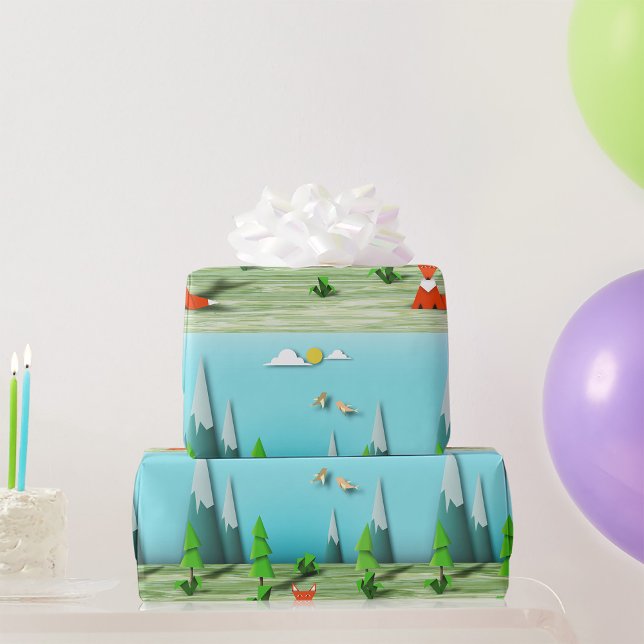 Origami Forest Scene med Fox Mountain och Birds Presentpapper (Skapare uppladdad)
