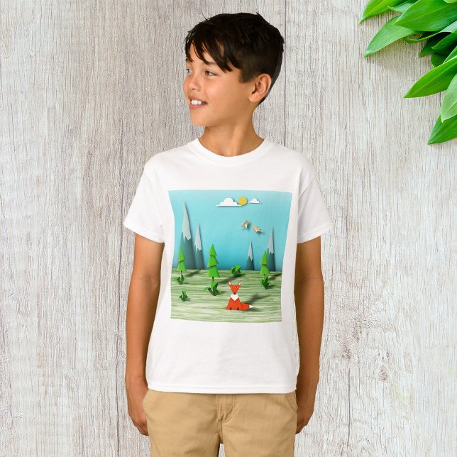 Origami Forest Scene med Fox Mountain och Birds T Shirt (Skapare uppladdad)