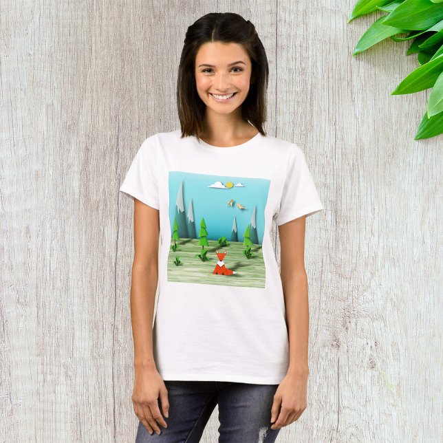 Origami Forest Scene med Fox Mountain och Birds T Shirt (Skapare uppladdad)