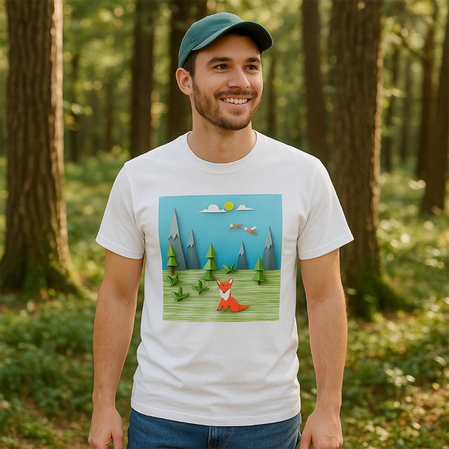 Origami Forest Scene med Fox Mountain och Birds T Shirt (Skapare uppladdad)