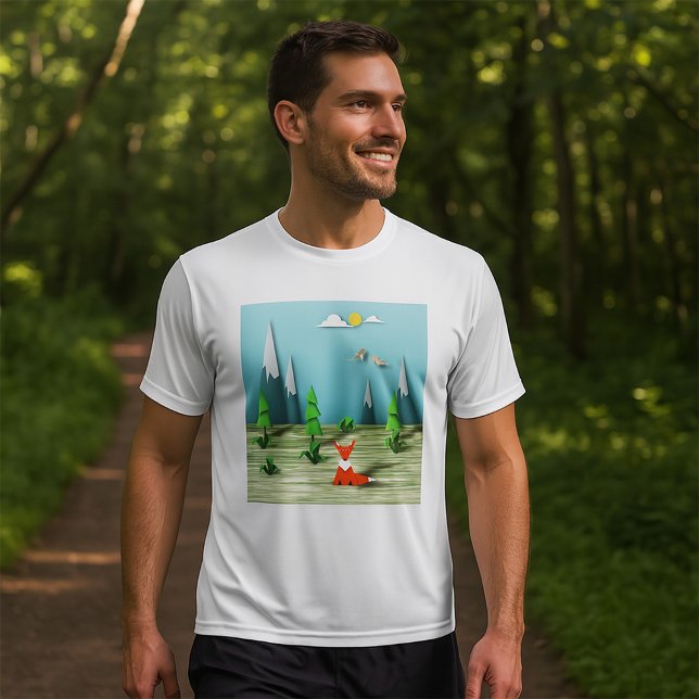 Origami Forest Scene med Fox Mountain och Birds T Shirt (Skapare uppladdad)