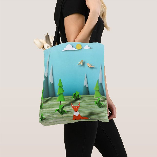Origami Forest Scene med Fox Mountain och Birds Tygkasse (Skapare uppladdad)