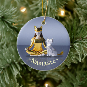 Origami Gold Foil Yoga Meditating Catwomen och Cat Julgransprydnad Keramik
