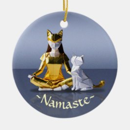 Origami Gold Foil Yoga Meditating Catwomen och Cat Julgransprydnad Keramik