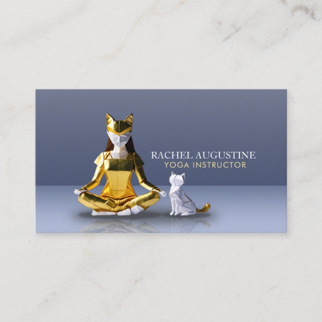 Origami Gold Foil Yoga Meditating Catwomen och Cat Visitkort (Framsida)