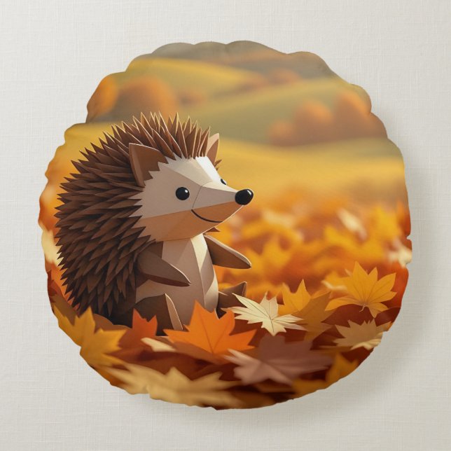 Origami Hedgehog Autumn Thmet Rund Kudde (Framsidan)