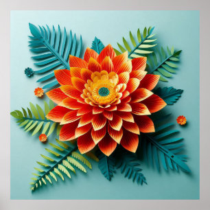 🧡 Origami Orange Blommig Papperskonst Modern Mini Poster