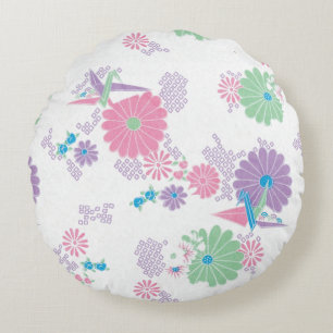 Origami Papper Cranes and Flowers Round Pillow Rund Kudde