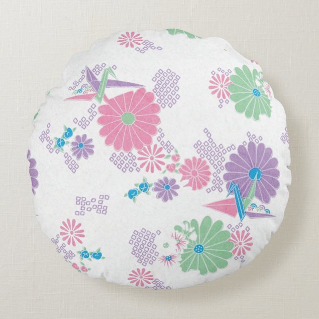 Origami Papper Cranes and Flowers Round Pillow Rund Kudde (Framsidan)