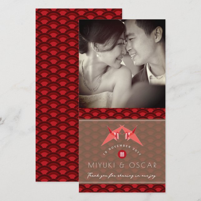 Origami Papper Cranes Scallops Asian Bröllop Photo Tack Kort (Fram/baksida)