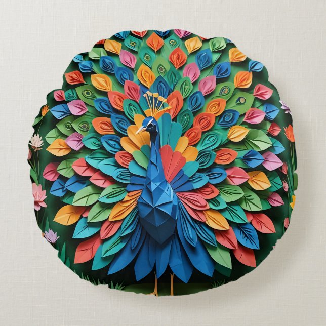 Origami Peacock  Rund Kudde (Framsidan)
