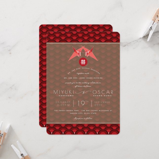 Origami Red Pappra Cranes Scallop Asian Bröllop Inbjudningar (Fram/Back In Situ)