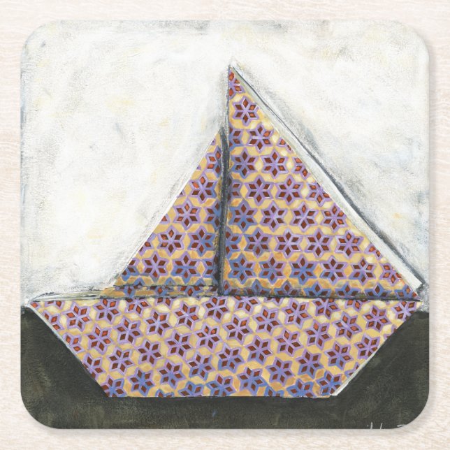 Origami Sailboat på Star Design Papprare Underlägg Papper Kvadrat (Framsidan)