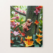 Origami Sloth climbing a tree in a luscious jungle