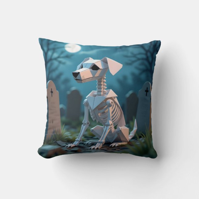Origami Spooky Skeleton Dog Halloween Throw Pillow Kudde (Framsida)
