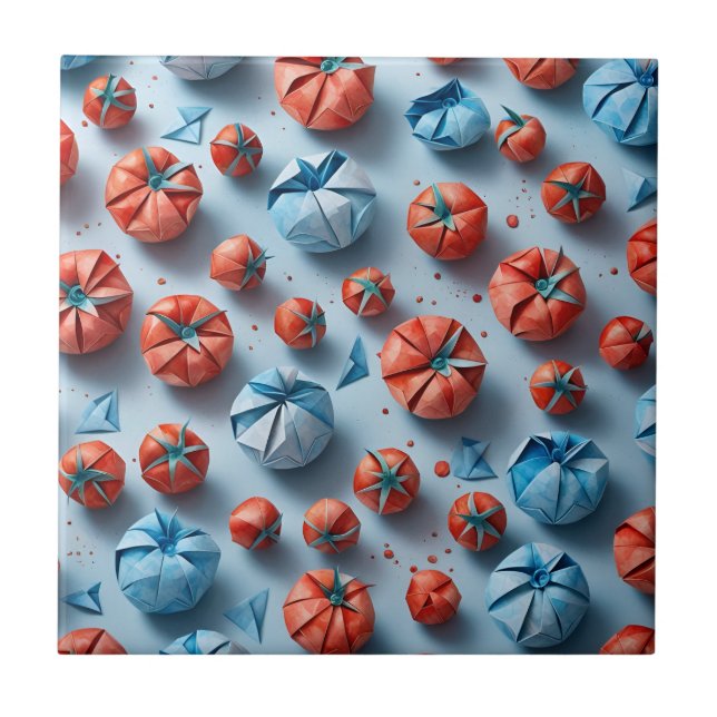 Origami Tomates Mönster Red Blue Kakelplatta (Framsidan)