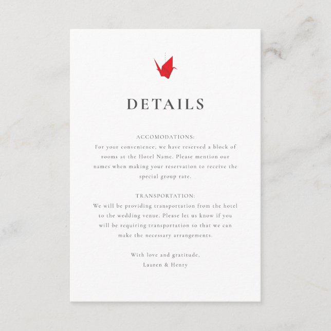 Origami Tranor Bröllopsinsats Tilläggskort (Framsida)