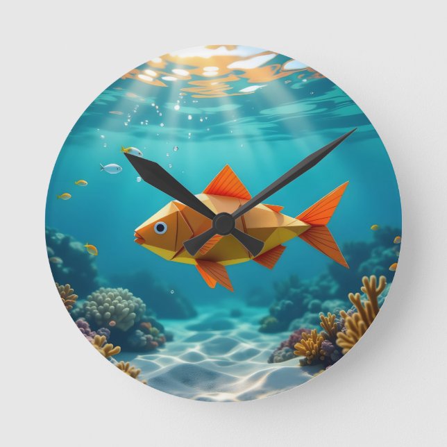 Origamifisk och sjöhästar ocean rund klocka (Framsida)