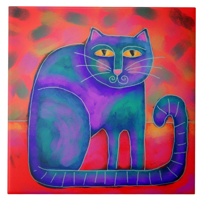 Original Abstrakt Digital Cat Painting Kakelplatta (Framsidan)