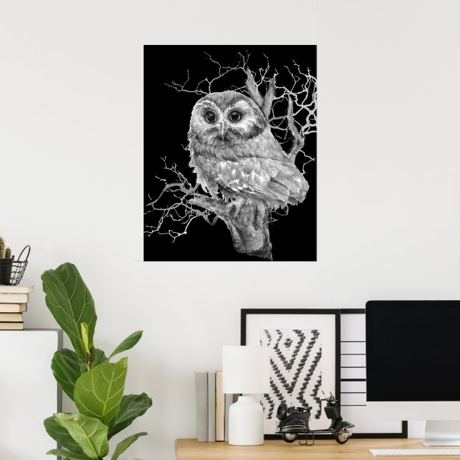 Original Akvarell Baby Ugglor Fågel Konst Poster (Hemmakontoret)