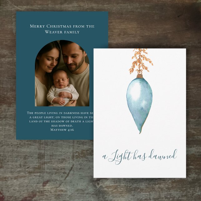 Original Akvarell Jul Kristet Foto Julkort (Original watercolor blue vintage bauble. Christian scripture modern Christmas arch photo card.)