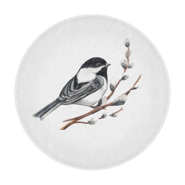 Original akvarell Pussy Willow & Chickadee Fågel  (Framsidan)