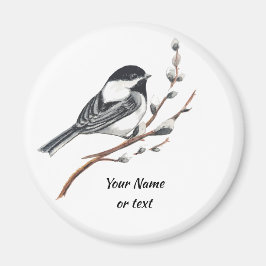Original akvarell Pussy Willow & Chickadee Fågel  Magnet
