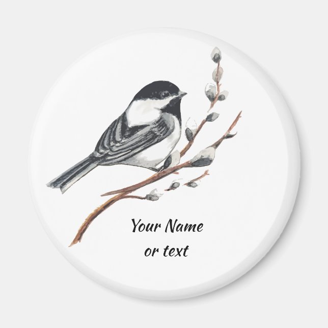 Original akvarell Pussy Willow & Chickadee Fågel  Magnet (Framsidan)