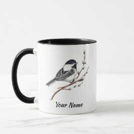 Original akvarell Pussy Willow & Chickadee Fågel Mugg