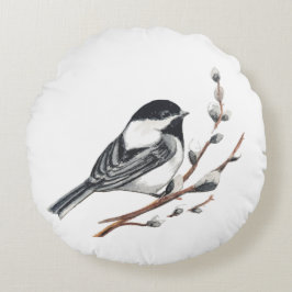 Original akvarell Pussy Willow & Chickadee Fågel  Rund Kudde