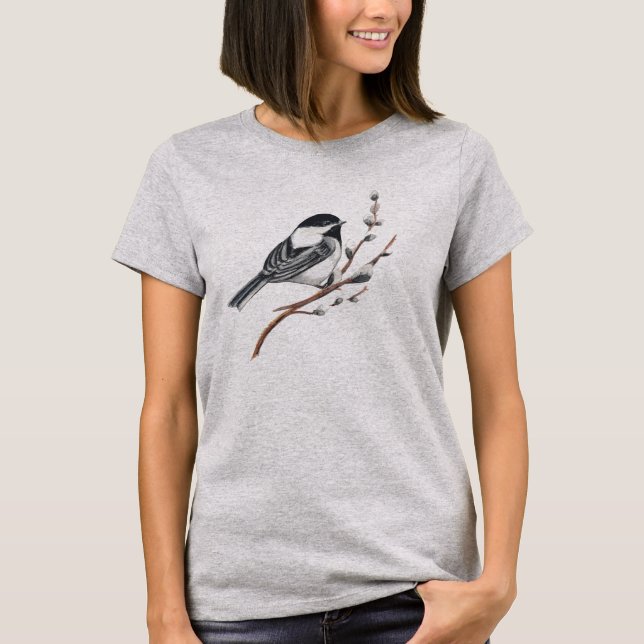 Original akvarell Pussy Willow & Chickadee Fågel T Shirt (Framsida)