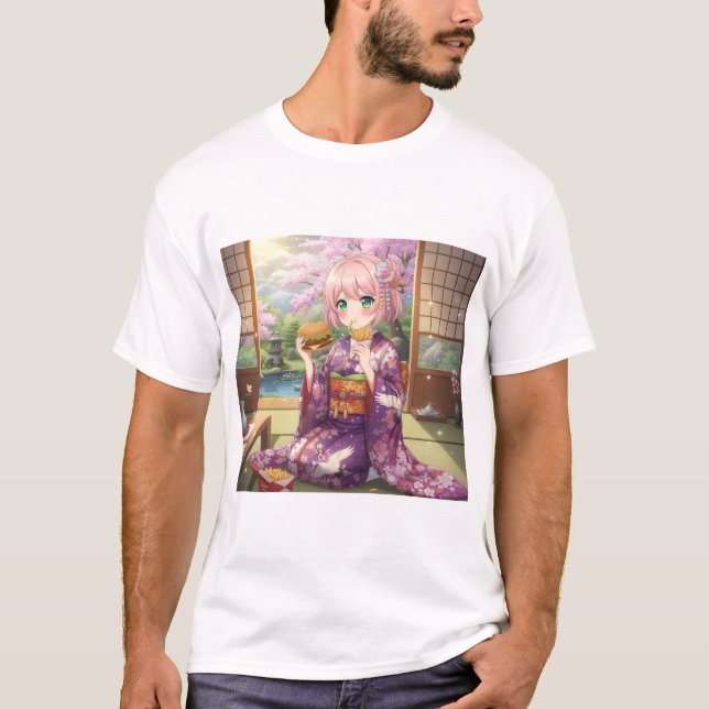 Original Anime Girl in Kimono - Japanska sommaren T Shirt (Framsida)