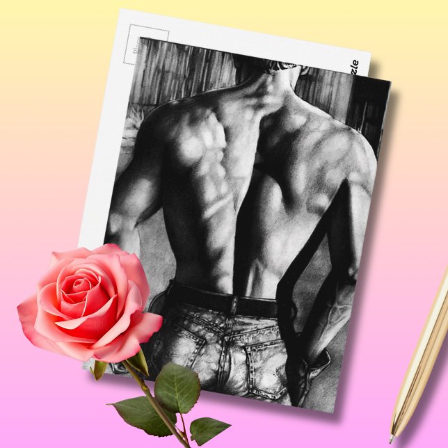 Original Art Bodybuilder Back In Tight Jeans Cool Vykort (Cool Postcard!! What more could you want?)