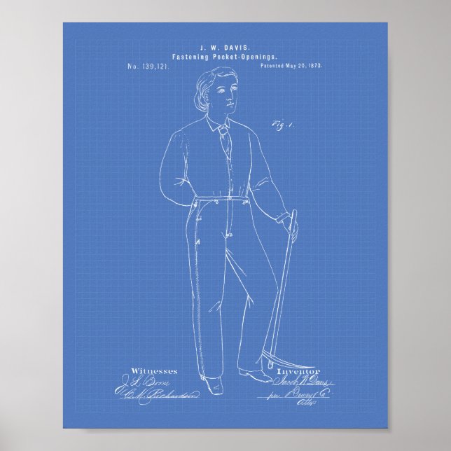 Original Blue Jeans 1873 Patent Art Blueprint Poster (Framsidan)