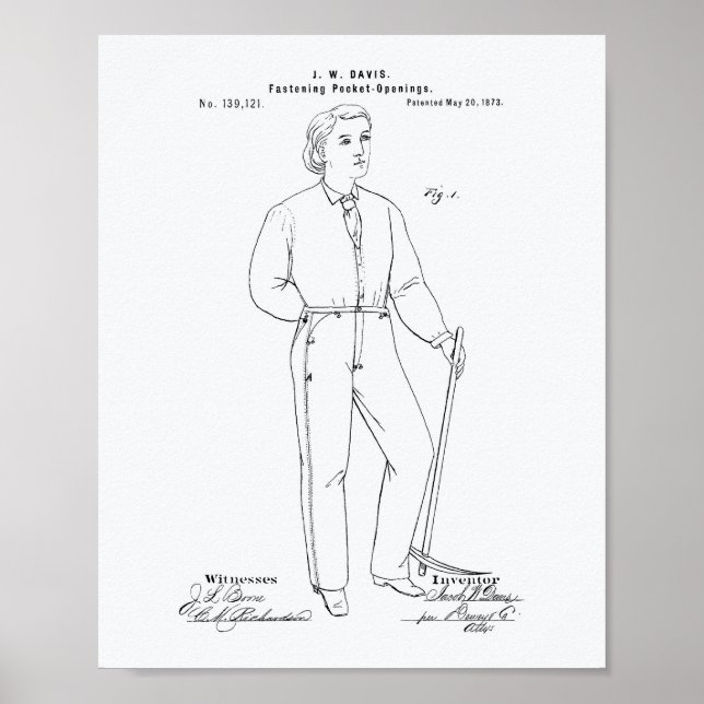 Original Blue Jeans 1873 Patent Art White Papper Poster (Framsidan)
