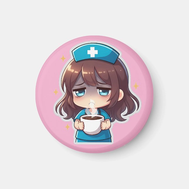 Original Chibi Sjuksköterska - Kaffe med Trötthet Magnet (Framsidan)