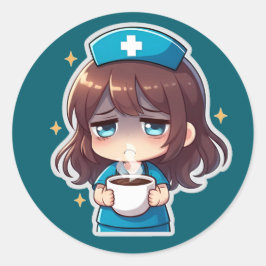 Original Chibi Sjuksköterska - Kaffe med Trötthet Runt Klistermärke
