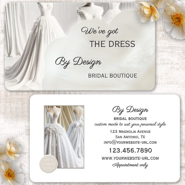 Original Chic Bröllopsbutik  Visitkort (Bridal boutique business card featuring an elegant design with wedding dresses)