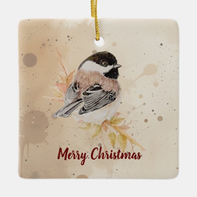 Original handmålad akvarell Chickadee Fågel Julgransprydnad Keramik (Framsida)