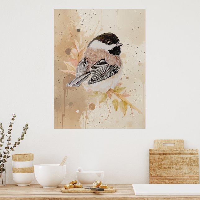 Original handmålad akvarell Chickadee Fågel Poster (Kök)