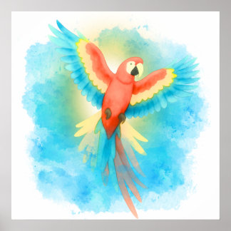 Original ljus akvarell Scarlet Macaw Affisch
